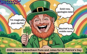 A leprechaun with a beard and, bursting into laughter while clutching a four leaf clover. The leprechaun is wearing a green suit with a gold shamrock pin and a playful grin, with several floating joke bubbles containing silly phrases.