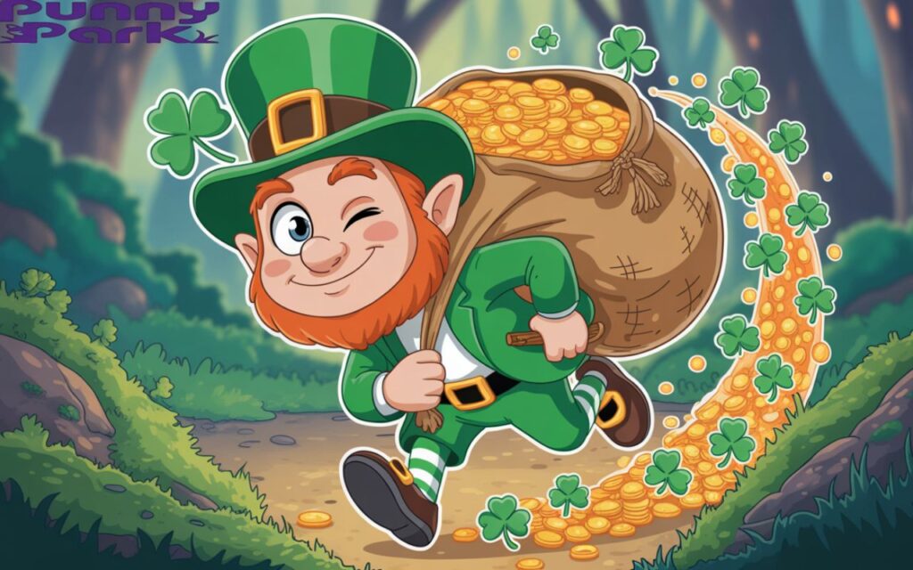 A leprechaun winking mischievously as he sneaks away. He is a small figure with a green suit, a hat adorned with a golden buckle. He clutches a large sack overflowing with glittering gold coins, leaving a vibrant trail of shamrocks across the forest.