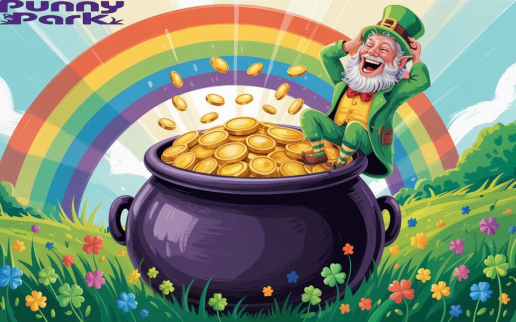 A vibrant overflowing pot of gold coins. Perched atop the pot, a small figure with a long, flowing white beard and a bright green coat is doubled over in laughter, his eyes twinkling with merriment.