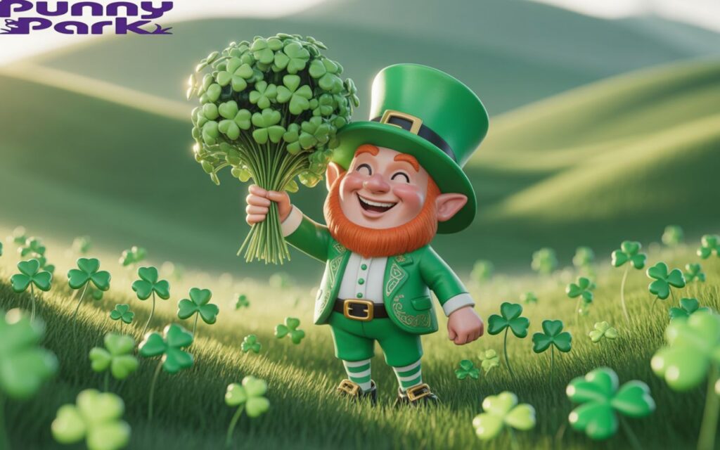 A small figure holding a lush bouquet of leafy shamrocks. He has a mischievous grin, rosy cheeks, and wears a green suit. Surrounding him are numerous glowing clover patches scattered across a field of soft green grass.