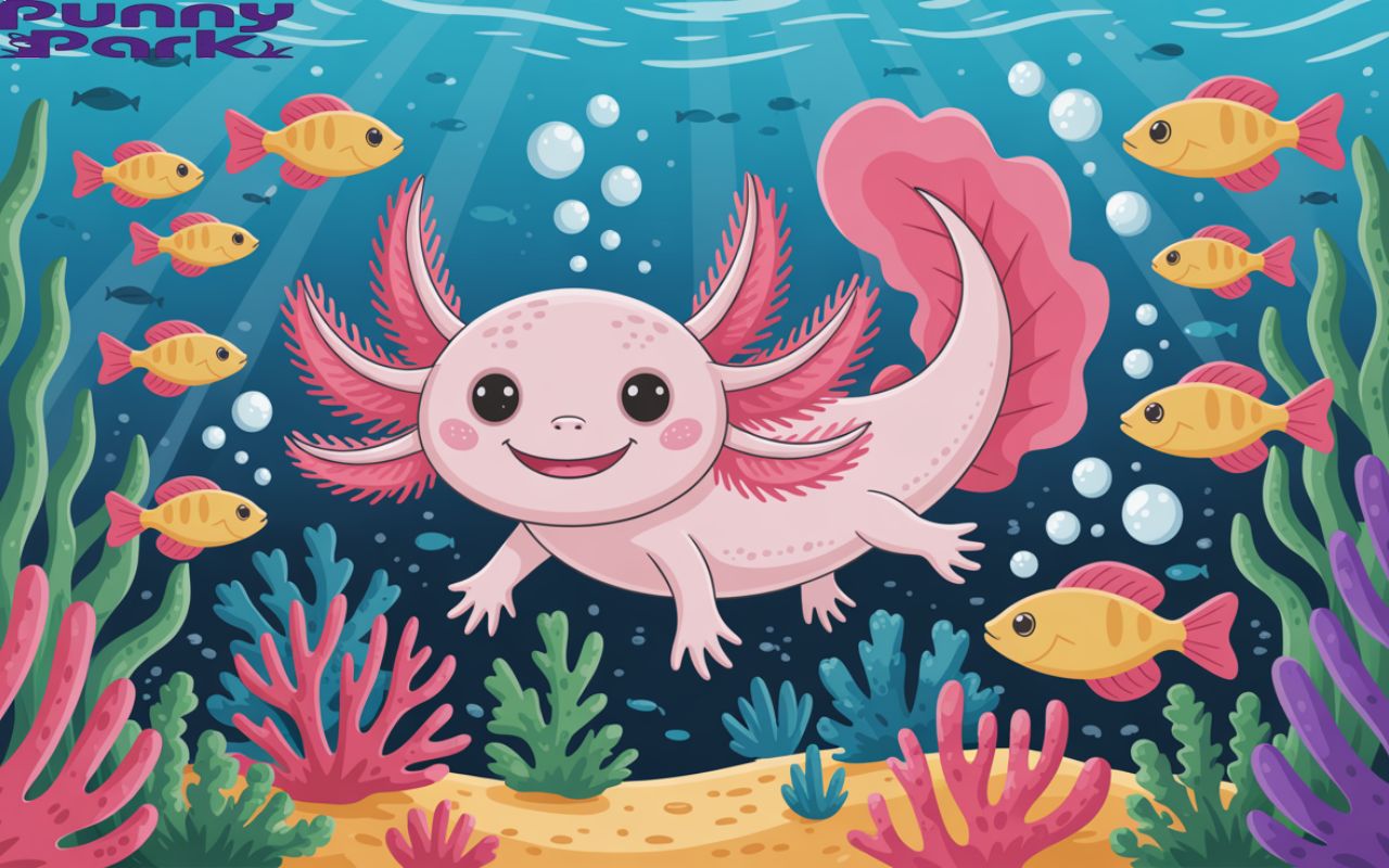A cute, cartoon axolotl with bright pink feathery gills, floating in a lively underwater world filled with coral, fish, and bubbles.