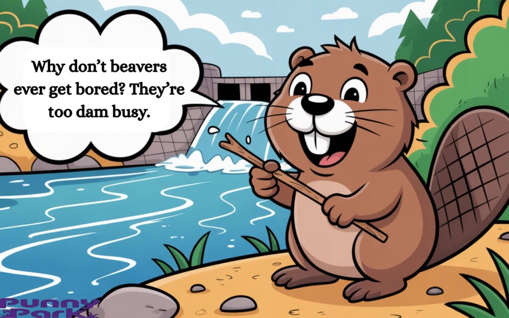 A beaver by the dam, laughing with a stick in its hands. A playful comic bubble showing text "Why don’t beavers ever get bored? They’re too dam busy."