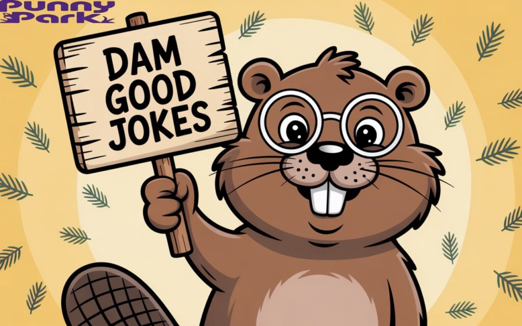 A beaver, wearing round spectacles, while proudly holding up a wooden sign that read "Dam Good Jokes". 