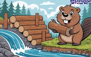 A beaver holding a log beside a flowing river, forest trees in the background. The beaver is holding a log.
