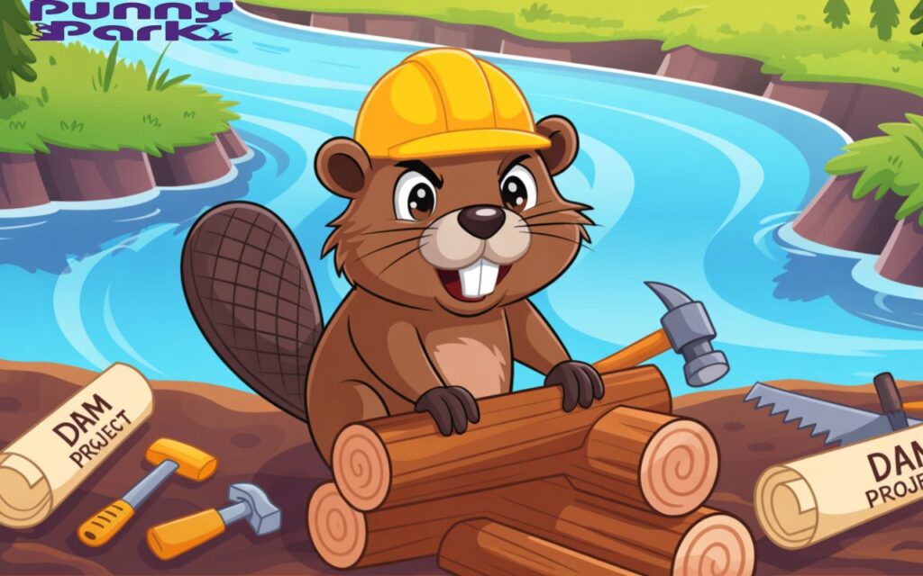 A beaver wearing a yellow hardhat, constructing a something with sturdy logs. The beaver stands at the bank of the river. Surrounding the beaver are various construction tools like a hammer and saw, and rolled-up blueprints labeled "DAM PROJECT" are scattered nearby.