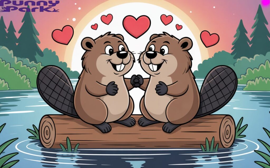 Two beavers sitting together on a log by a river at sunset. They hold paws, smile at each other, and have red cartoon hearts above their heads.