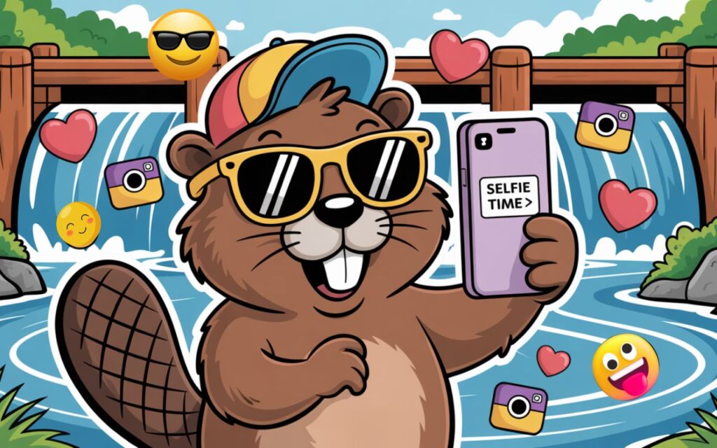 A brown animal striking a selfie pose with a smartphone. He is wearing cool sunglasses and a baseball cap. Behind the animal stands a sturdy wooden dam with flowing water cascading around it. Scattered around the creature are emoji-style icons like hearts, stars, and camera symbols to mimic the look and feel of an Instagram post, with the phone displaying “<Selfie Time>”.