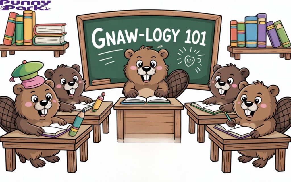 A playful beaver classroom scene with desks made of logs. A teacher beaver writes “Gnaw-logy 101” on a chalkboard while student beavers sit attentively. There are books, pencils, on desks and shelves.
