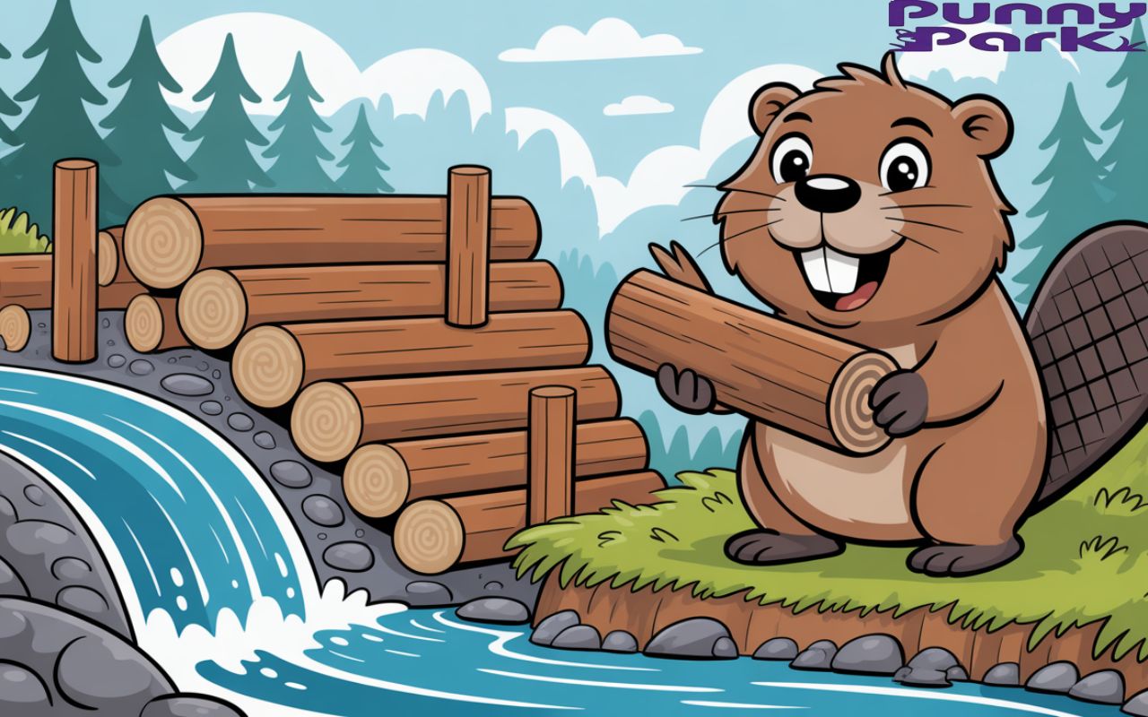 A beaver holding a log beside a flowing river, forest trees in the background. The beaver is holding a log.