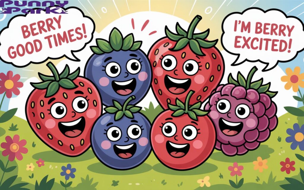 A group of strawberries, blueberries, and raspberries joyfully laughing together. Speech bubbles float above each berry, containing phrases like "Berry Good Times!" and "I'm Berry Excited!". 