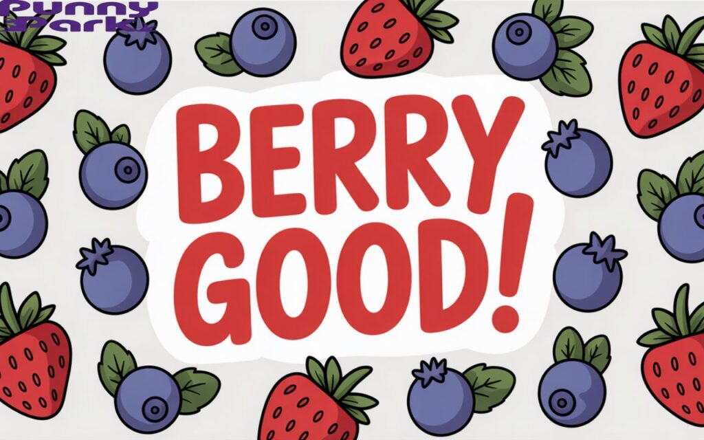 A handwritten text reading "Berry Good!" encircled by playful berry doodles against a crisp white background.