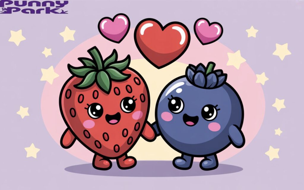 Two adorable cartoon strawberry and blueberry holding hands. Above them, three vibrant pink and red hearts float gently.