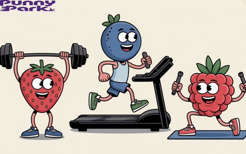 Funny gym scene with a strawberry lifting dumbbells, a blueberry running on a treadmill, and a raspberry doing yoga, all styled in a cartoonish way.
