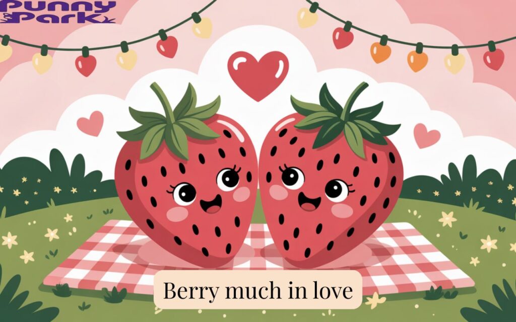 A romantic illustration of two strawberries sitting on a picnic blanket under fairy lights, with hearts and "Berry much in love".