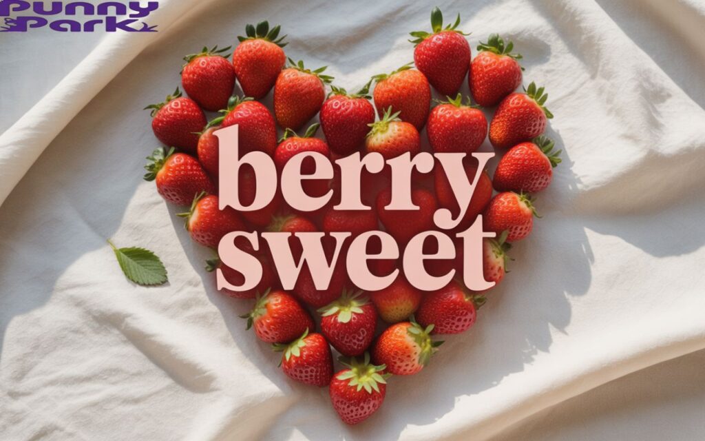 A ripe, red strawberries shaped into a perfect heart. The strawberries are arranged on a crisp white linen surface. Overlaid on this arrangement is the phrase "berry sweet".