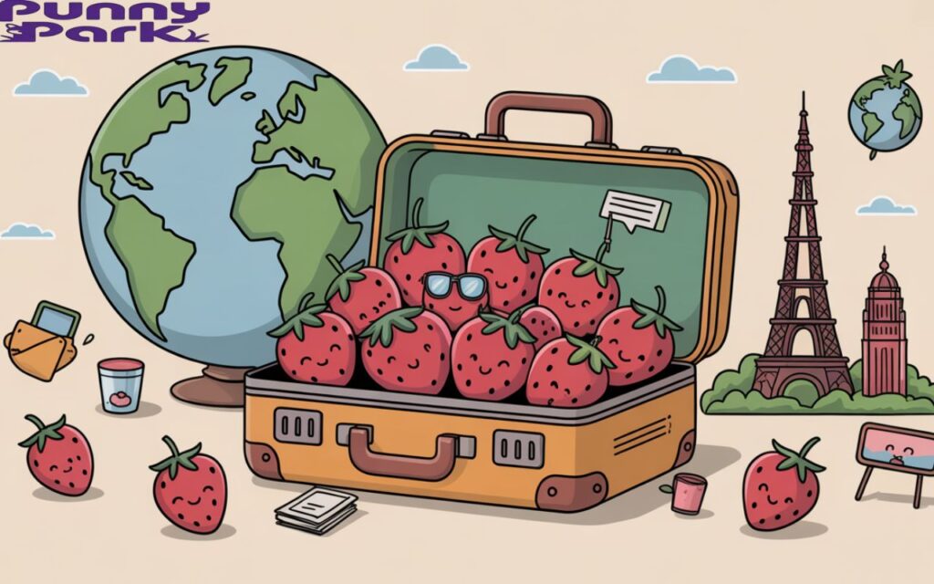 An illustration of a suitcase filled with berries, a globe, eiffel tower in the background.