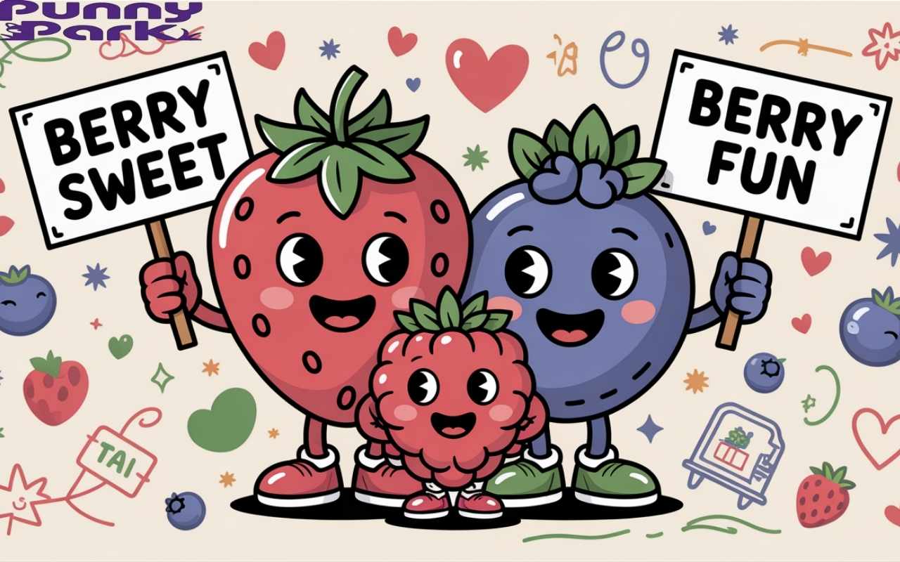 A berry character family, a strawberry, blueberry, and raspberry, gathered together in a cheerful scene. The strawberry holds a sign that reads "Berry Sweet", while the blueberry displays "Berry Fun".