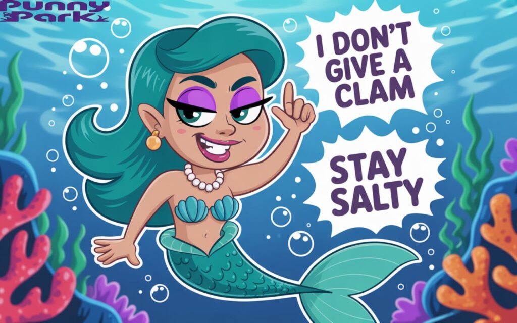 A cheeky, confident cartoon mermaid with bold makeup, flipping her hair with attitude. Surrounded by pun bubbles like “I don’t give a clam” and “Stay salty.”