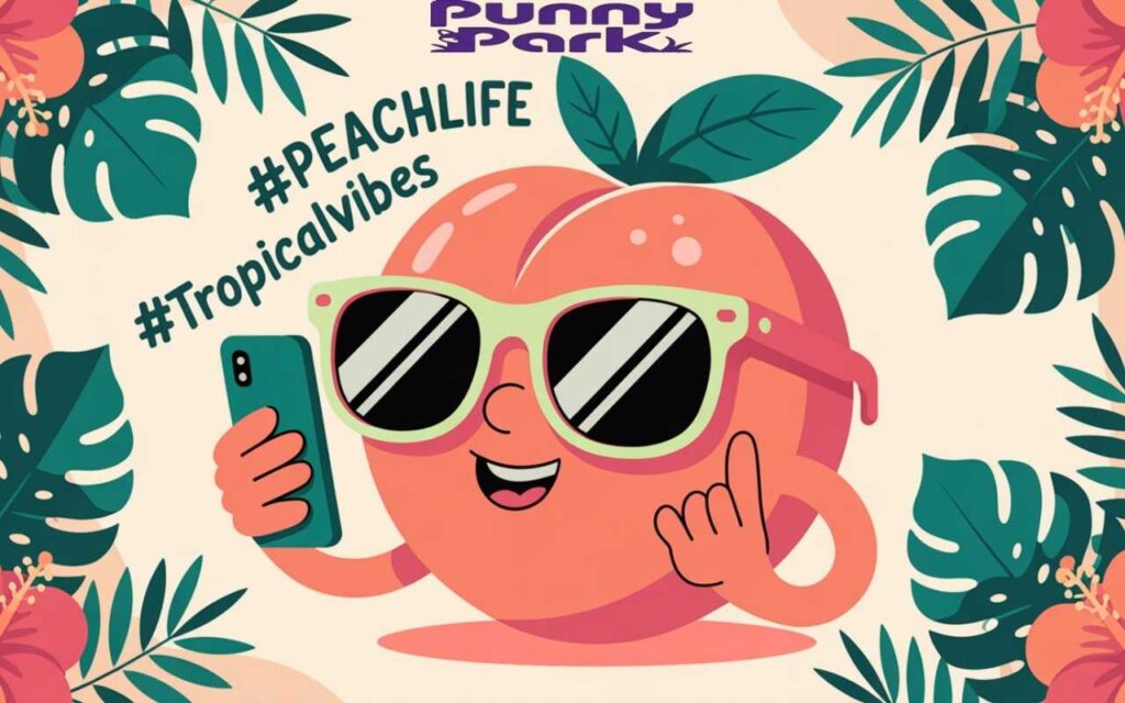 A peach wearing sunglasses and holding a smartphone, taking a selfie. The peach has a cheerful expression against a background of lush tropical foliage featuring palm leaves and hibiscus flowers. Floating above the peach are several playful hashtags, including "#peachlife" and "#tropicalvibes."