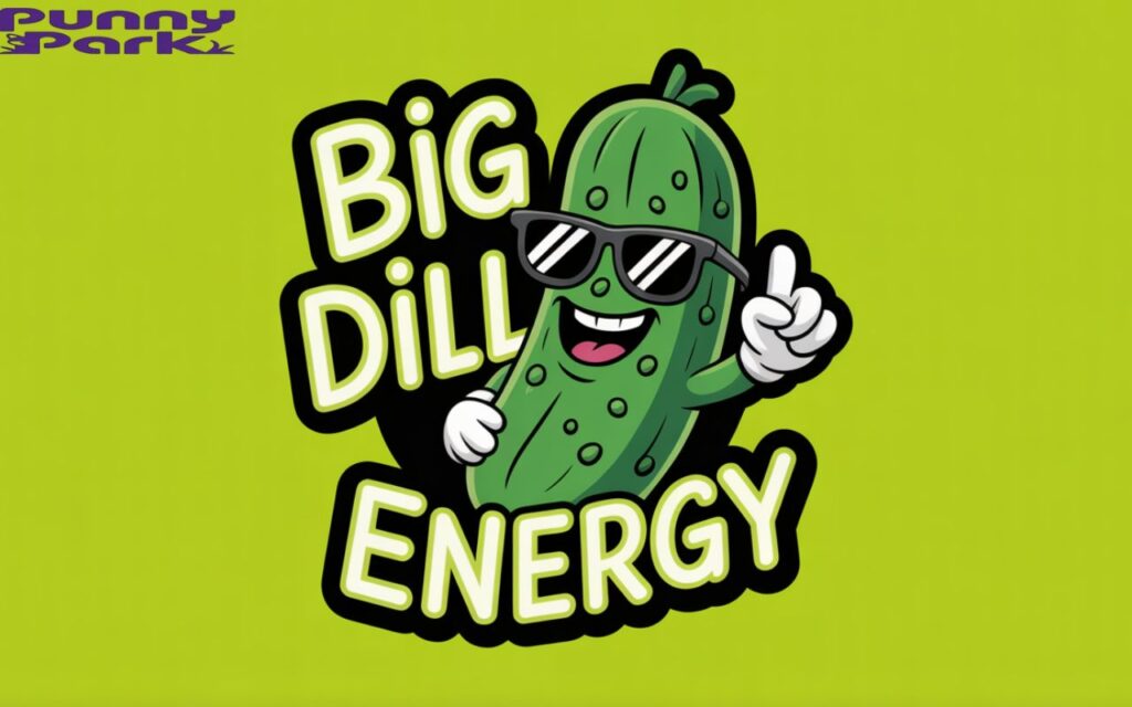 Pickle wearing black sunglasses and strikes a dynamic pose. Behind the pickle, glowing text reads "Big Dill Energy" in a neon green font.