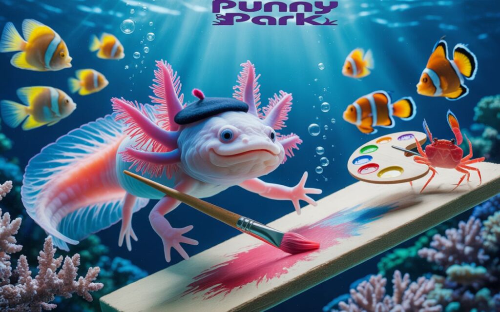 An underwater creature artist painting a giant canvas underwater, using brushes, while a crab holds its paint palette and colorful fish pose as models.