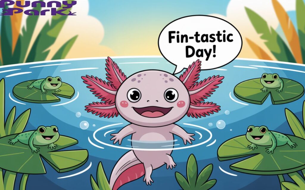 An adorable axolotl emerging from water. The axolotl, holds a speech bubble containing the pun "Fin-tastic Day!". Surrounding the axolotl are tropical lily pads and a few tiny, smiling frogs.