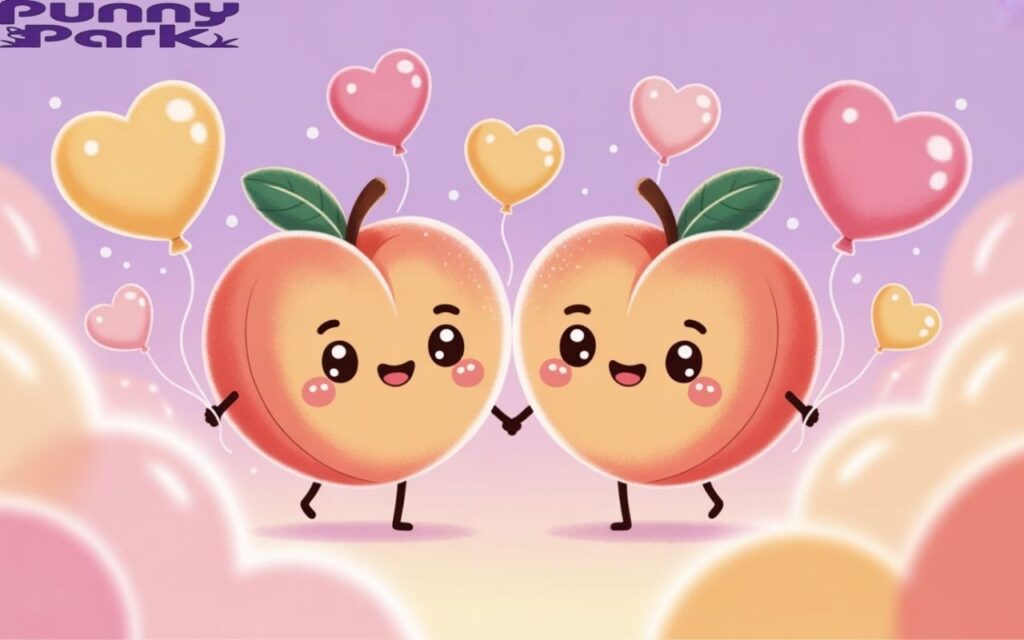 Two adorable peaches holding hands, radiating warmth and friendship. Floating around them are several delicate, heart shaped balloons in soft pinks and yellows.