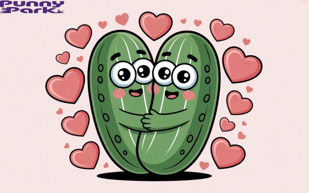 Adorable cartoon pickles with big eyes and blushing cheeks hugging each other, surrounded by candy-like hearts for a sweet and charming vibe.