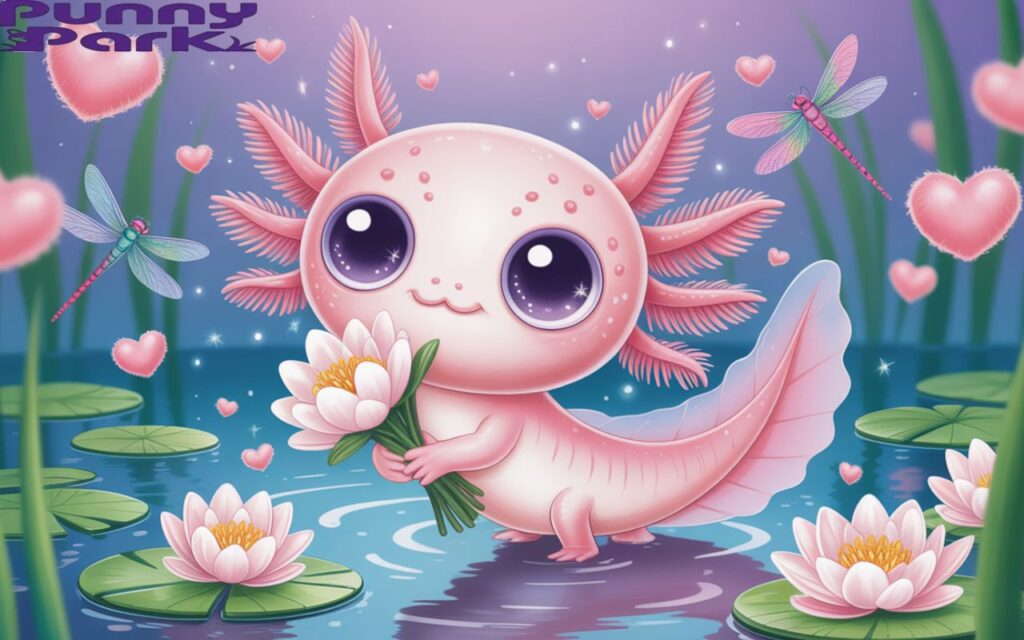An axolotl with large and sparkly eyes. The axolotl holds a water lilies, gently resting on the surface of a calm, reflective pond. Dragonflies flutter around the axolotl, while soft, pink hearts float serenely in the air.