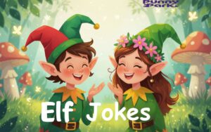 A cheerful scene of two elves, laughing at each others against a beautiful scenery. The text "elf jokes" is written at below.