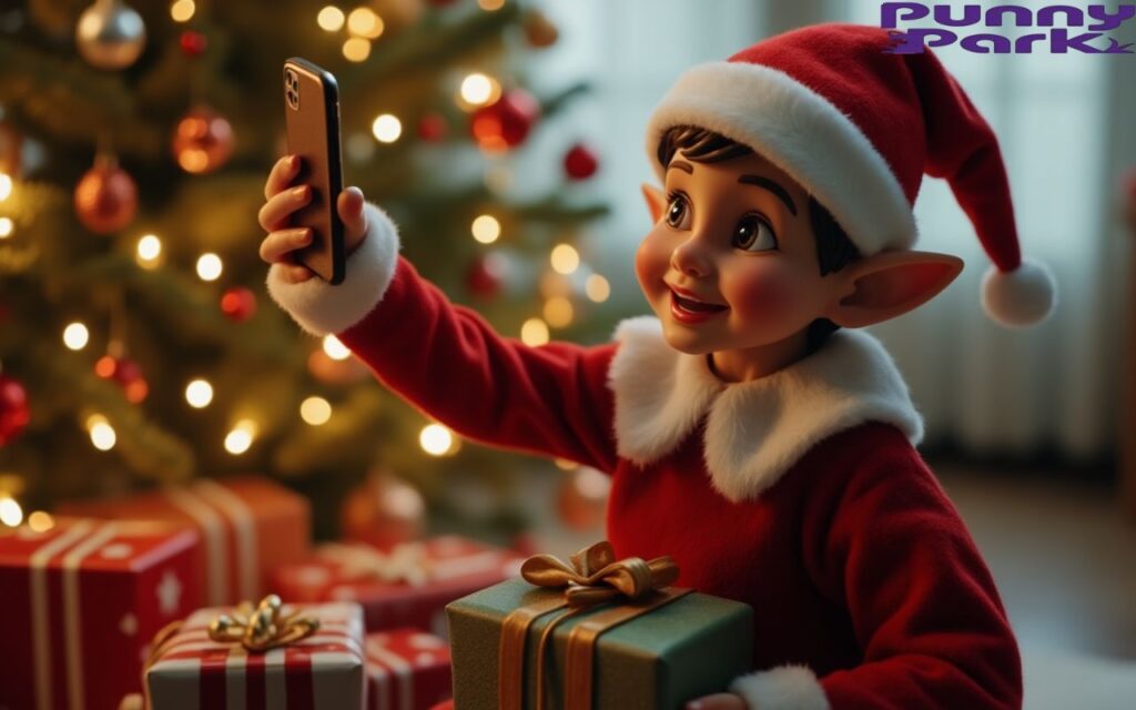 A smiling elf taking selfie while holding present. Christmas tree and several other presents are in the background.