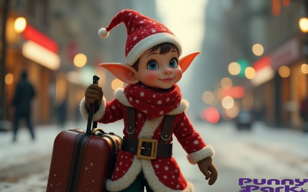 An elf with a suitcase on a snowy road. 