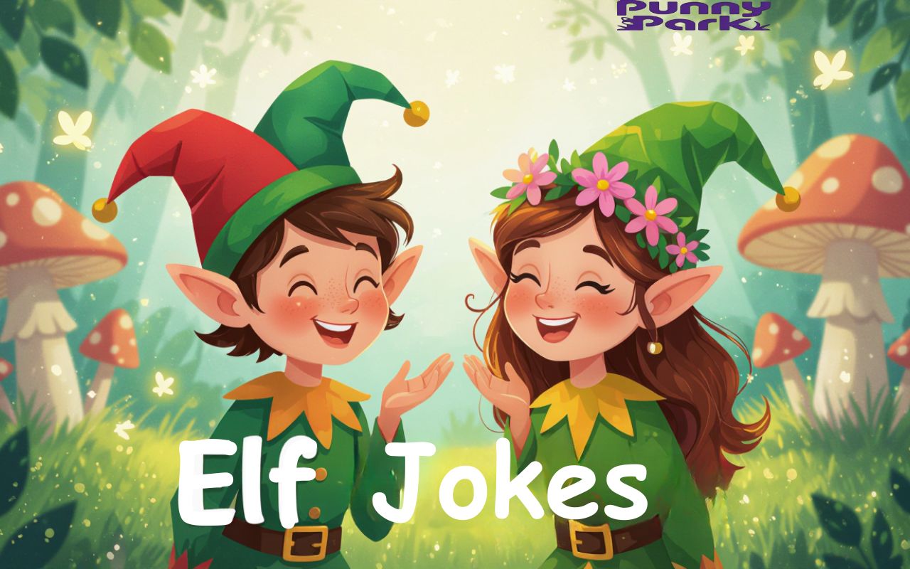 A cheerful scene of two elves, laughing at each others against a beautiful scenery. The text "elf jokes" is written at below.