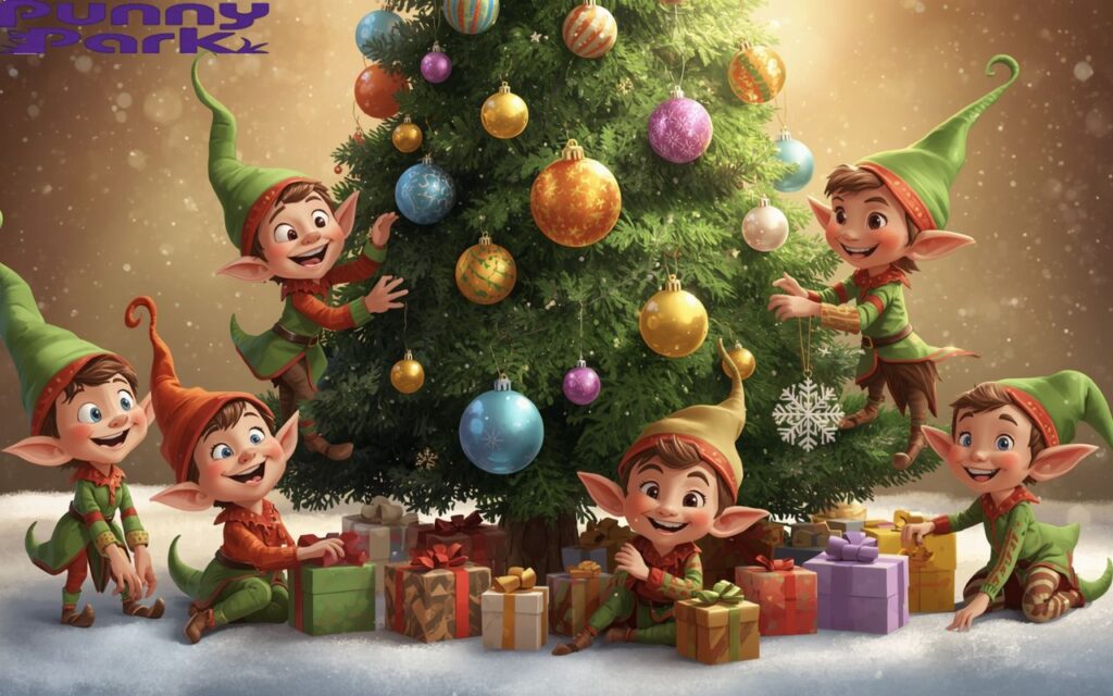 A group of playful cartoonish elves decorating a Christmas tree with ornaments. Several presents are scattered around. Four elves are on the snow with presents while two elves are on christmas tree.