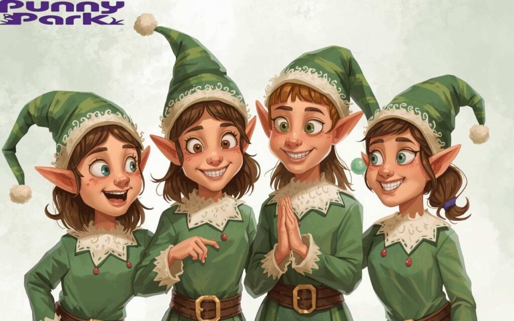 Playful elves in a fun, lighthearted style, smiling and joking together. All of them are wearing green hat and green dress with a brown belt.