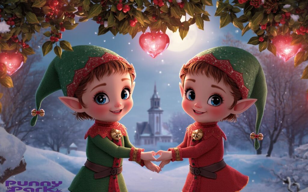 Two cute elves holding hands under a lush green mistletoe adorned with red berries and sparkling fairy lights, surrounded by glowing hearts, set against a serene snowy background.
