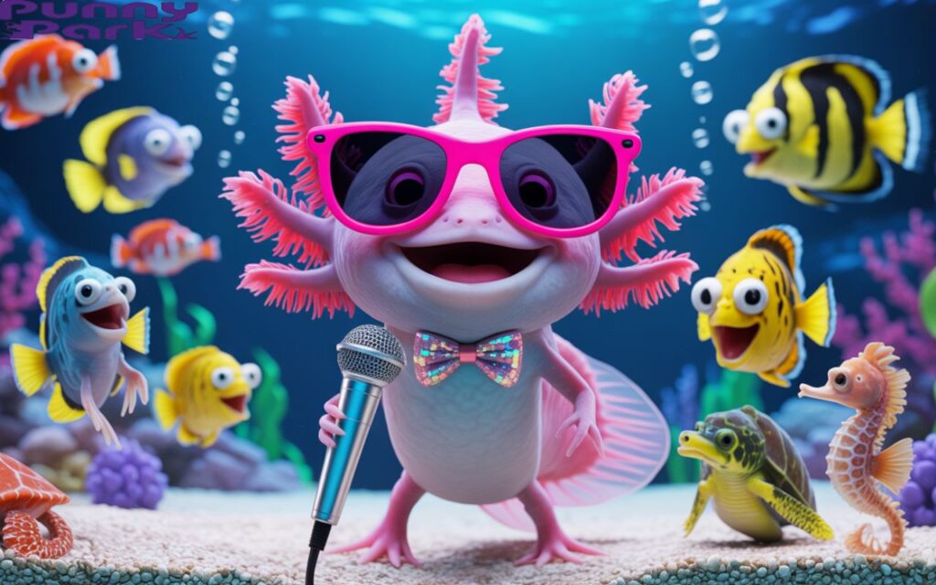 A axolotl wearing oversized sunglasses and holding a microphone, telling jokes to a cheering underwater audience of fish, turtles, and seahorses, with colorful coral in the background and whimsical bubbles rising to the surface.
