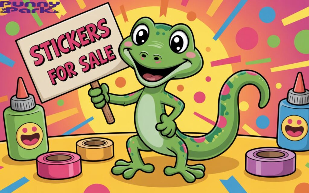 A gecko standing on yellow surface. The gecko is holding a comical sign that reads "Stickers for Sale". Scattered around the gecko are various glue bottles and rolls of colorful adhesive tape.
