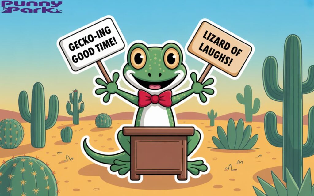 A gecko wearing a red bow tie, poised at a wooden desk. The gecko holds up cue cards with witty one liners such as "Gecko-ing Good Time!” and "Lizard of Laughs!”. Behind the gecko stretches a sun drenched desert scene dotted with various cacti, under a clear blue sky. 