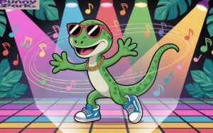 A gecko moonwalking on a disco floor. The gecko wears tiny black sunglasses, a gold chain, and blue sneakers. Rainbow spotlights illuminate the scene, casting colorful reflections on the floor and swirling music notes dance around the gecko.