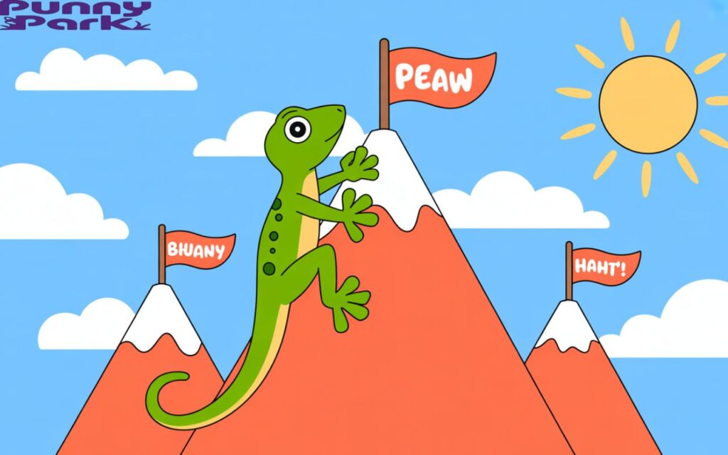 A gecko scaling a giant cartoon mountain, with flags on each peak displaying funny wordplay. The sky is sunny with fluffy clouds.