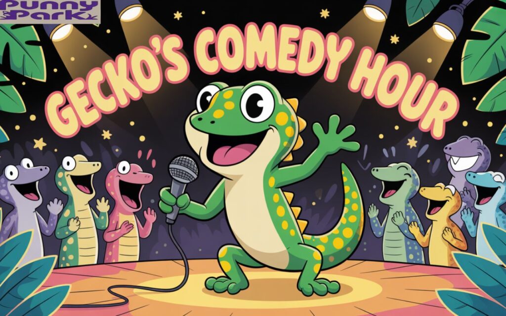 A gecko confidently performing stand up comedy on a stage. The gecko is holding a microphone. Behind the gecko, lush jungle leaves create a backdrop, with warm spotlights highlighting the performer and an audience of diverse reptiles enthusiastically laughing and clapping. The stage is decorated with playful, colorful banners that read “"Gecko’s Comedy Hour"” creating a lively and entertaining atmosphere.