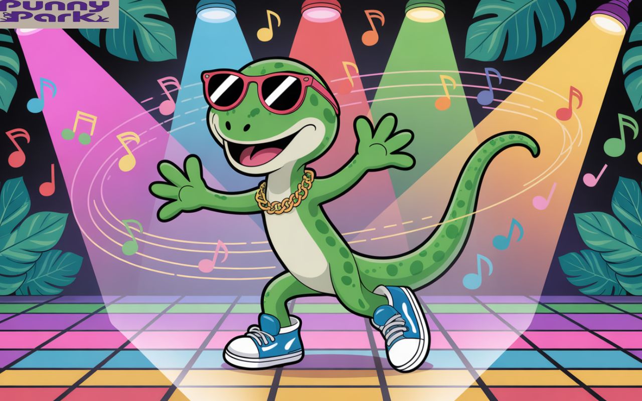 A gecko moonwalking on a disco floor. The gecko wears tiny black sunglasses, a gold chain, and blue sneakers. Rainbow spotlights illuminate the scene, casting colorful reflections on the floor and swirling music notes dance around the gecko.