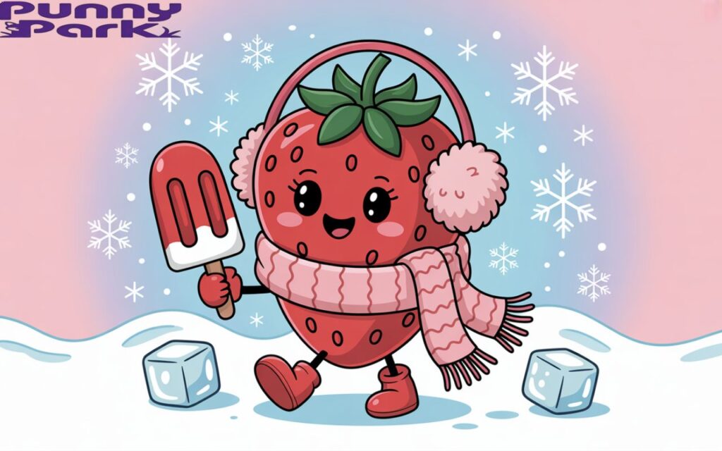 A cartoon strawberry in a cozy knitted scarf and fluffy earmuffs. The strawberry holds a popsicle. Delicate snowflakes and sparkling ice cubes gently fall around the strawberry, creating a wintery atmosphere.