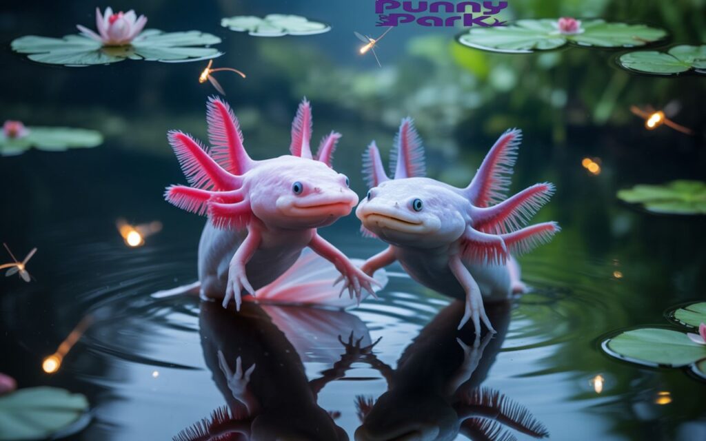 Two axolotls holding their fins in a, moonlit lagoon. Their feathery gills gently swaying in the water, with their smiling faces turned towards each other. Above the water’s surface, glowing fireflies dance amidst floating lily pads, while soft ripples spread outward.