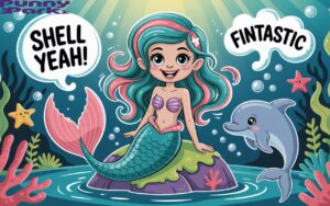 A mermaid with teal and pink hair playfully flipping her tail. The mermaid sits on a rock. Sparkling bubbles drift upwards, playfully displaying the phrases “Shell yeah” and “Fintastic” alongside vibrant coral, starfish, and a dolphin swimming nearby. The scene is set in a magical underwater.