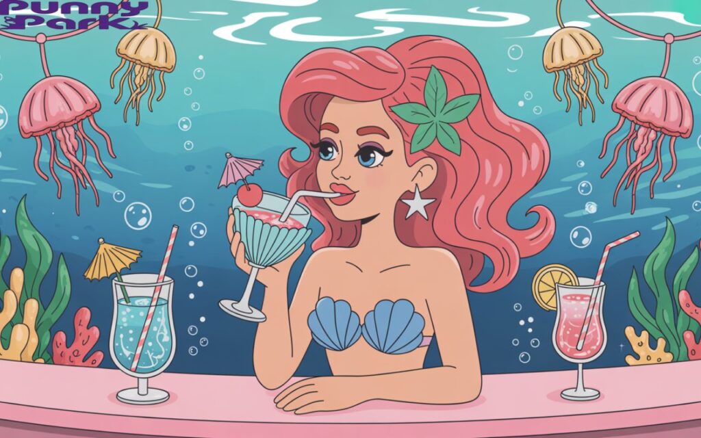 A cartoon creature with beachy waves, sipping a sparkling cocktail from a shell shaped glass at an underwater bar.