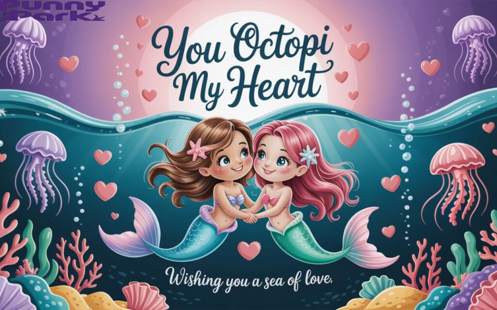 Two mermaids playfully entwined, their fins clasped, beneath a shimmering, moonlit ocean surface with the text "YOU OCTOPI MY HEART" in swirling, playful teal script above. The underwater scene is alive with heart-shaped bubbles, jellyfish and coral reefs.
