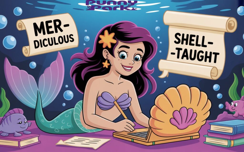 A smart cartoon mermaid writing witty puns on a glowing conch-shell laptop at an underwater library. Add floating scrolls, glowing puns like “Mer-diculous” and “Shell-taught,” with sea creatures looking impressed.
