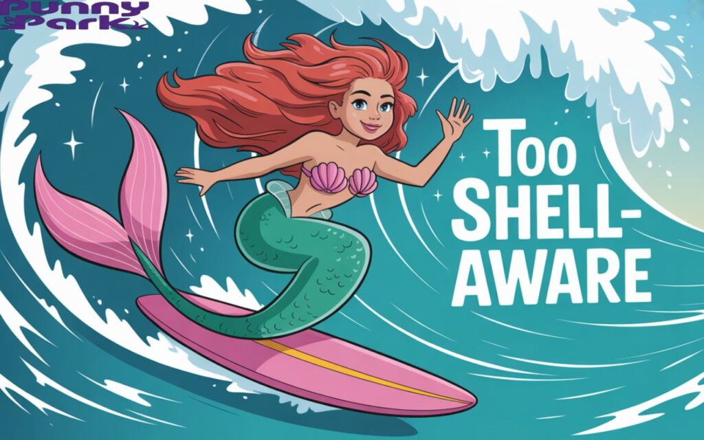 A cartoon mermaid surfing the waves with wind blown hair and glittery attitude. Pun slogans like “Too shell-aware” in the background and ocean spray sparkling around her. The tone is wild, bold, and empowering.